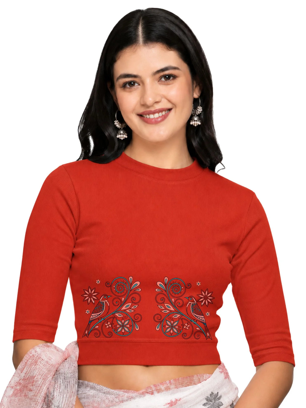 Women Back Printed Stretchable Elbow Sleeve RIB Blouse U0156 Dark Orange