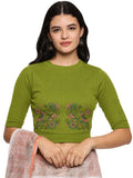 Women Back Printed Stretchable Elbow Sleeve RIB Blouse U0156 Dark Parrot Green