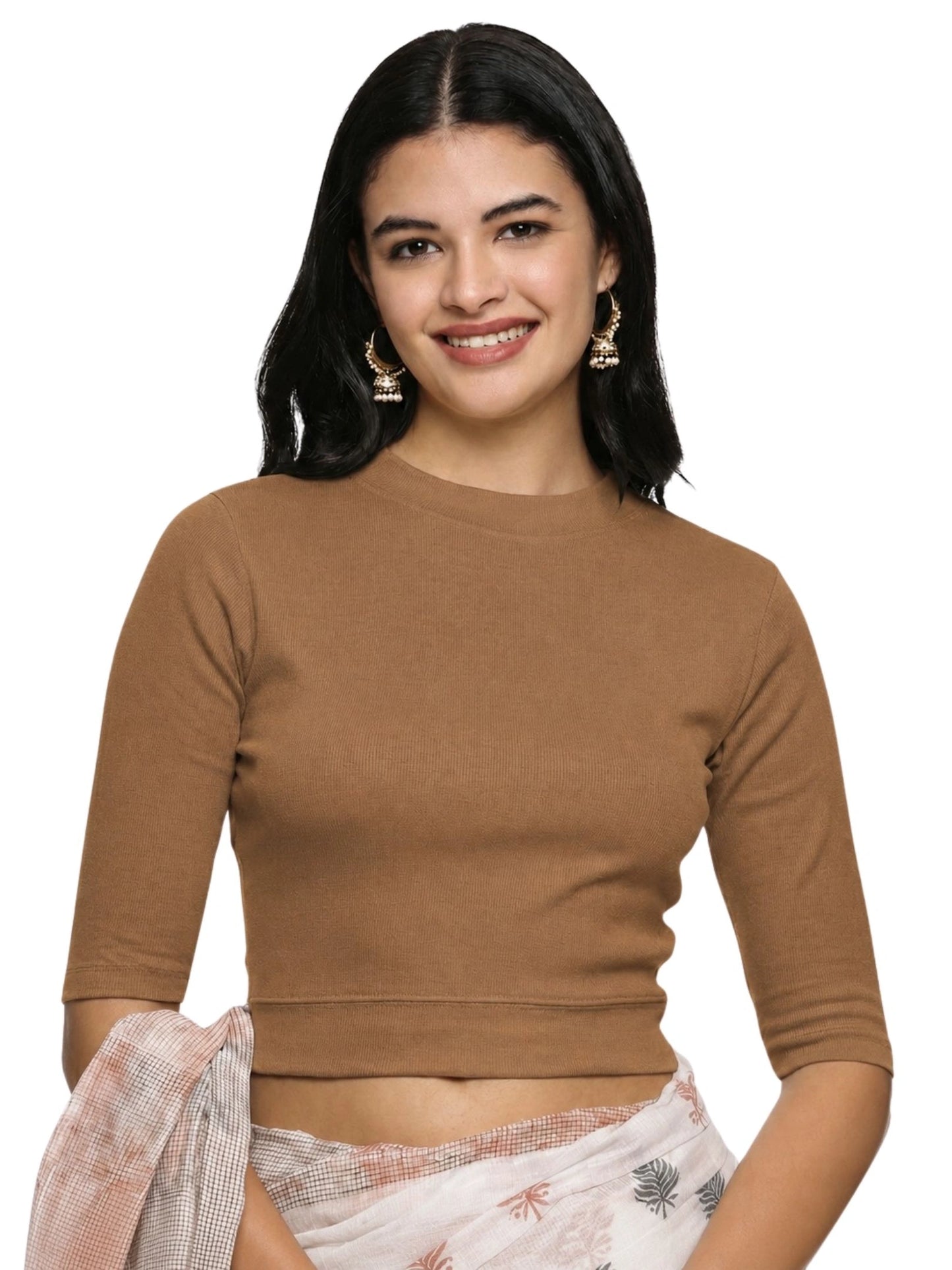Women Back Printed Stretchable Elbow Sleeve RIB Blouse U0253 Biscuit