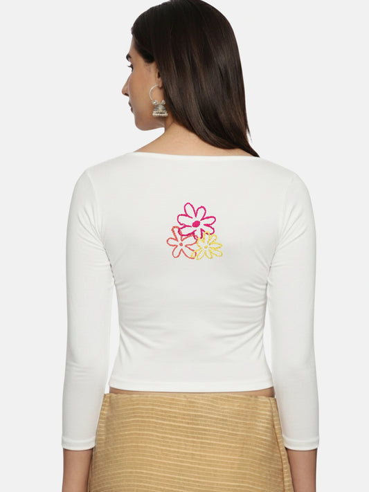 DIY Embroidery Kit with Women Stretchable Three Fourth Sleeve Blouse E06 – White