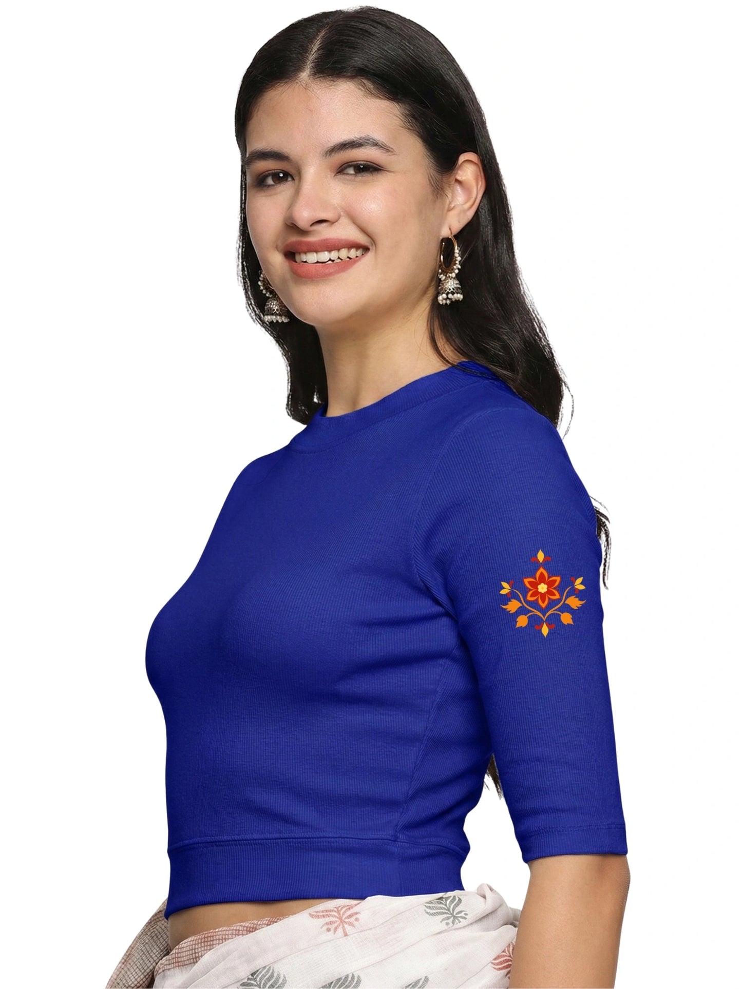 Women Back Printed Stretchable Elbow Sleeve RIB Blouse U0158 Royal Blue