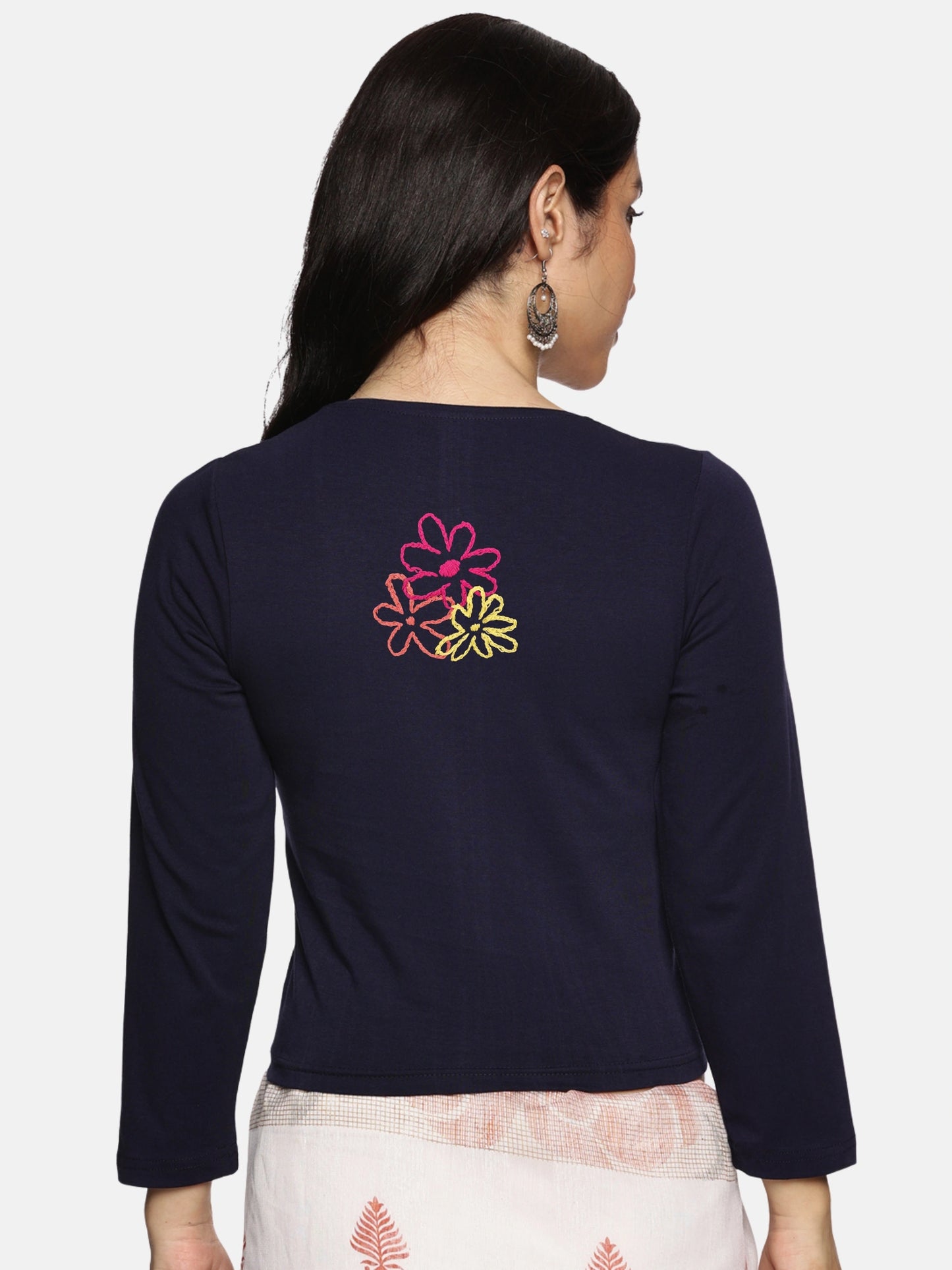 DIY Embroidery Kit with Women Stretchable Three Fourth Sleeve Blouse E06 – Navy
