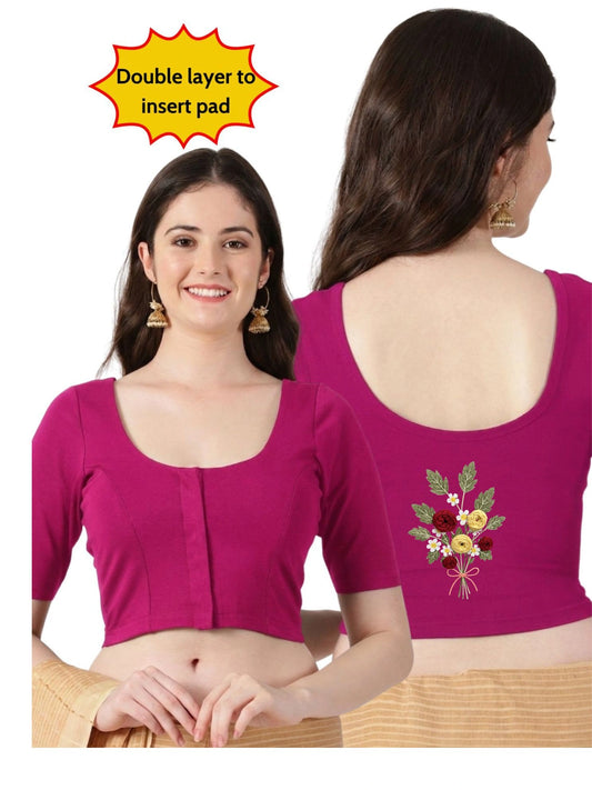 DIY Embroidery Kit with Women Front Open Stretchable Half Sleeve Blouse E010 – Rani Pink