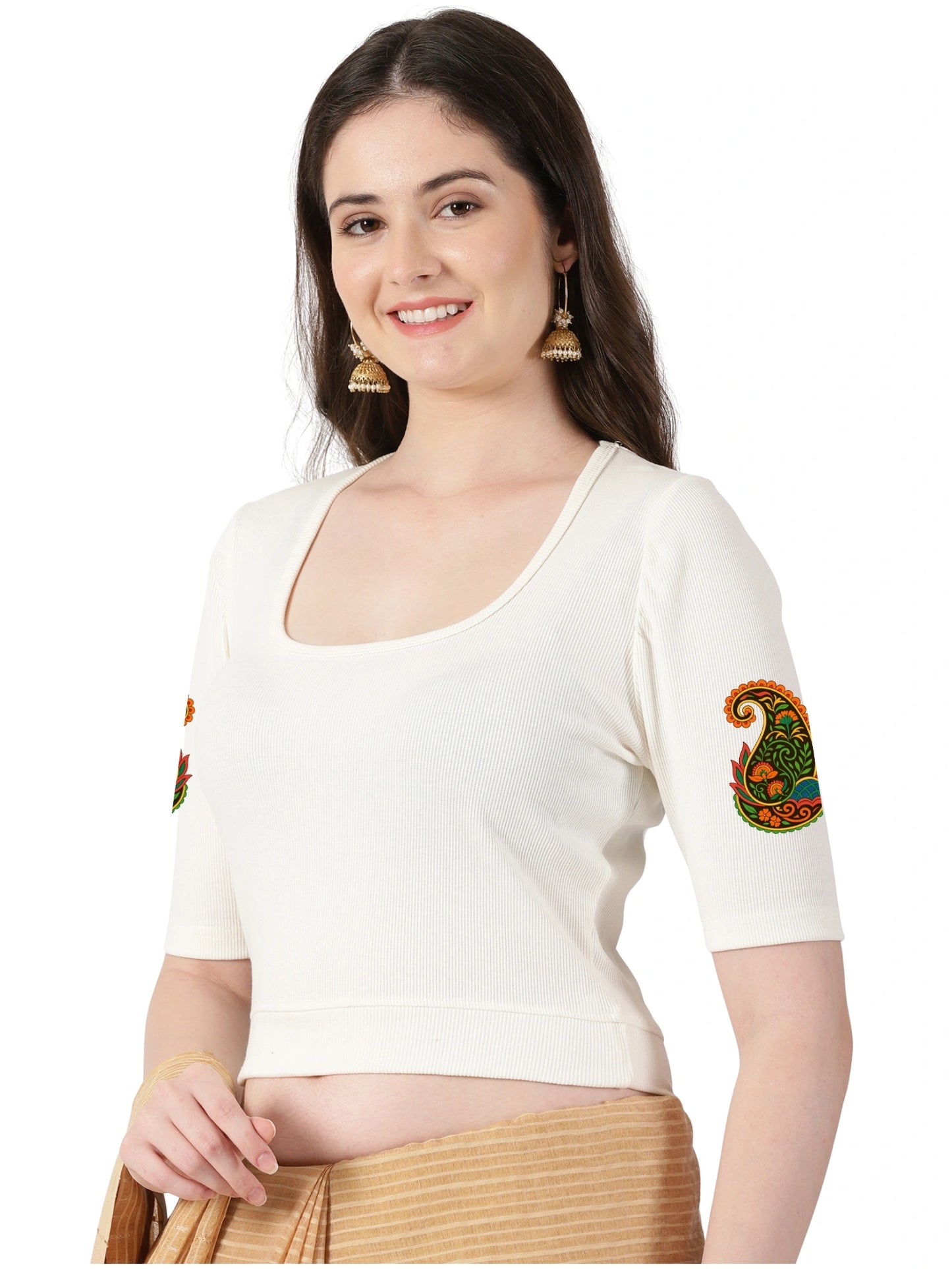 Women Stretchable Rib Square Neck Puff Sleeve Blouse Back Print U0247 Cream
