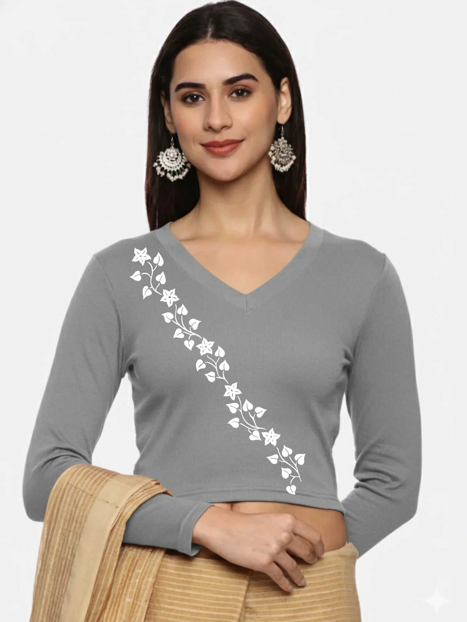 Women Back Printed Stretchable Full Sleeve V Neck RIB Blouse U0219 - notyetbyus