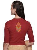 Women Back Printed Stretchable Elbow Sleeve RIB Blouse U0252 Terracotta Red