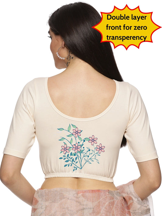 Women Back Printed Stretchable  Half Sleeve Blouse U0225 Cream