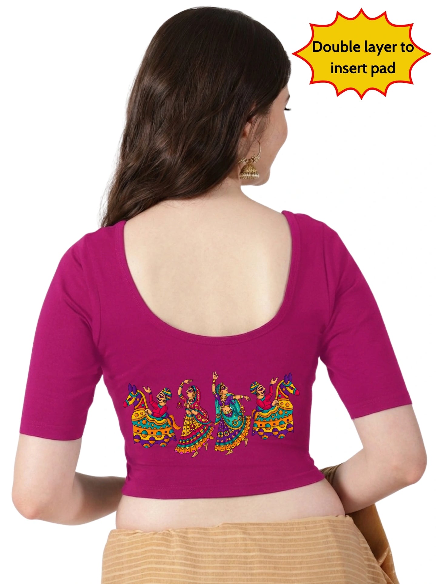 Women Front Open Back Printed Stretchable Half Sleeve Blouse U0260 Rani Pink