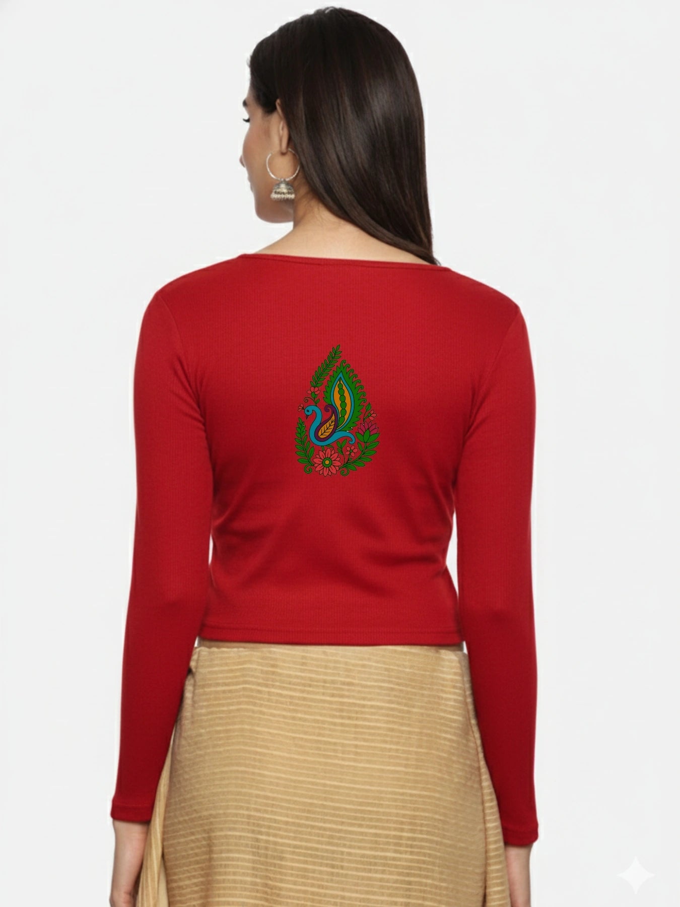 Women Back Printed Stretchable Full Sleeve V Neck RIB Blouse U0187