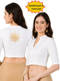 Women Mandarin Collar Back Gold Printed Stretchable Elbow Sleeve Blouse M0282 White