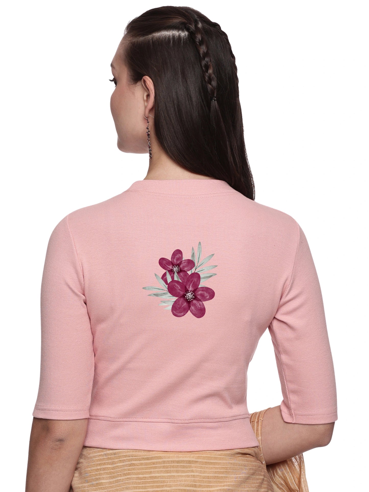 Women Back Printed Stretchable Elbow Sleeve RIB Blouse U0253 Blush Pink