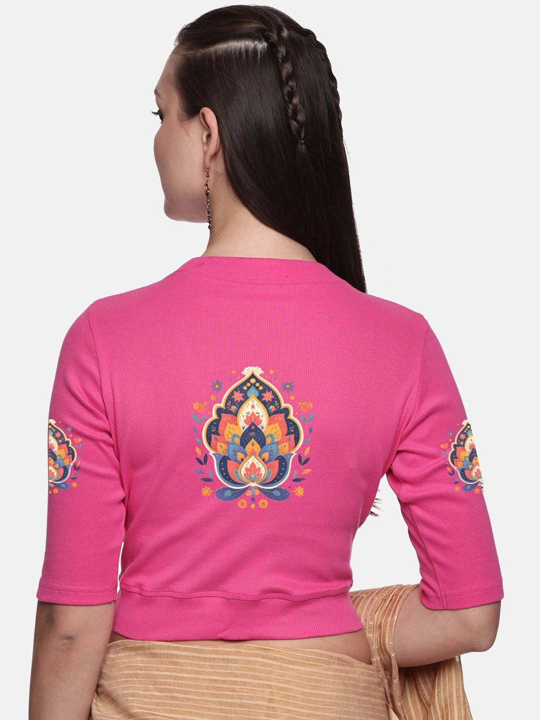 Women Back Printed Stretchable Elbow Sleeve RIB Blouse U0157