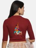 Women Back Printed Stretchable Elbow Sleeve RIB Blouse U0172 Maroon