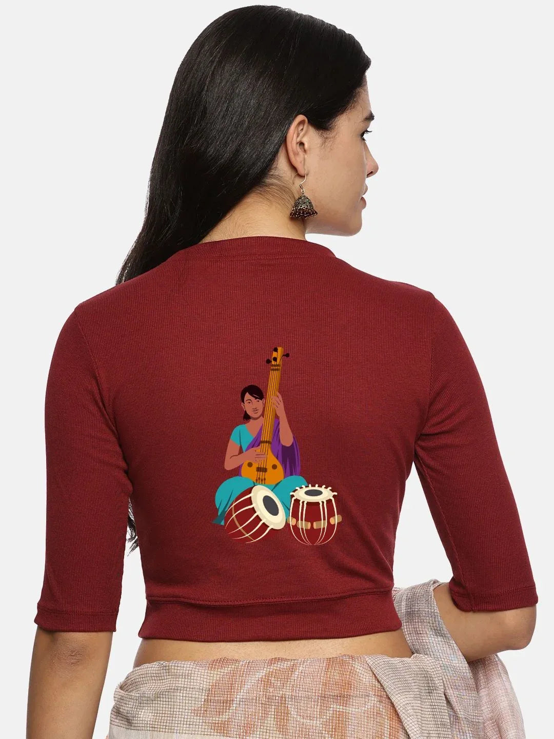 Women Back Printed Stretchable Elbow Sleeve RIB Blouse U0172 - notyetbyus