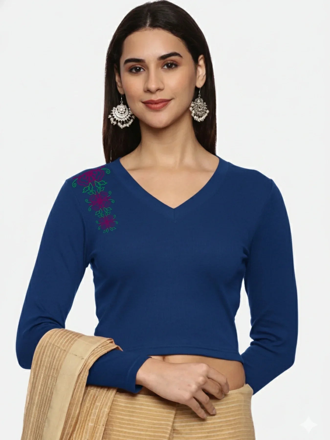 Women Back Printed Stretchable Full Sleeve V Neck RIB Blouse U0212 - notyetbyus