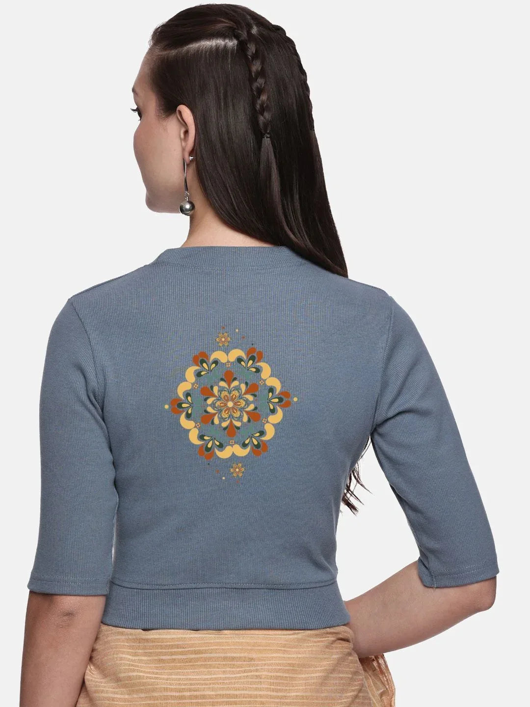 Women Back Printed Stretchable Elbow Sleeve RIB Blouse U0167 - notyetbyus