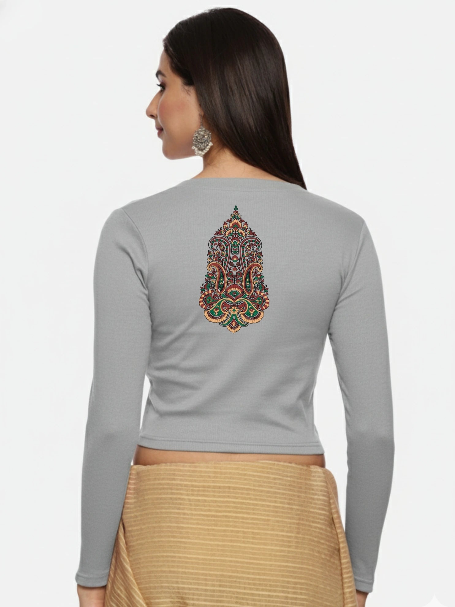 Women Back Printed Stretchable Full Sleeve V Neck RIB Blouse U0190