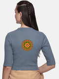 Women Back Printed Stretchable Elbow Sleeve RIB Blouse U0129R Elephant grey