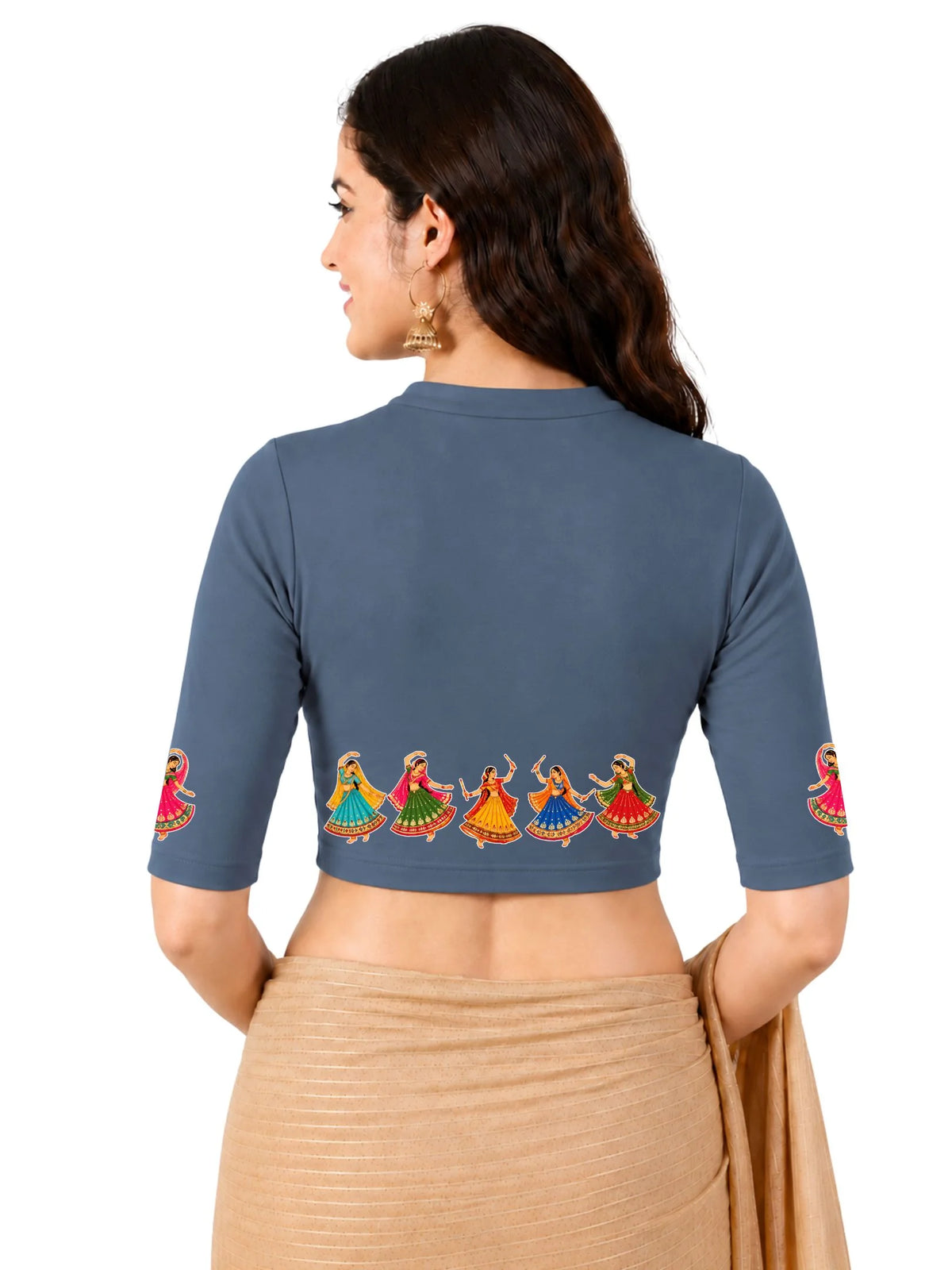 Women Mandarin Collar Back Printed Stretchable Elbow Sleeve Blouse U0281 Elephant Grey