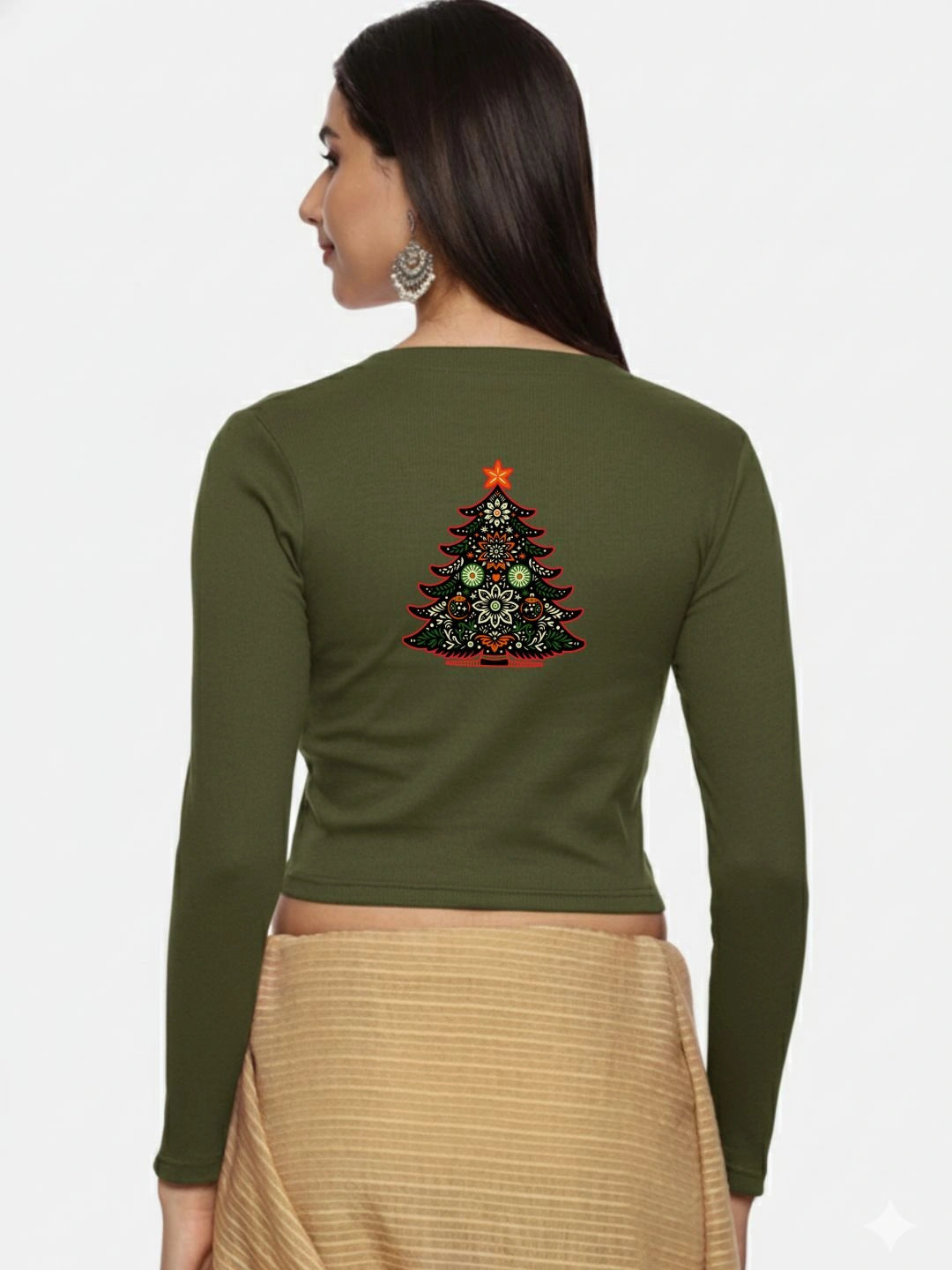 Women Back Printed Stretchable Full Sleeve V Neck RIB Blouse U0192