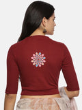 Women Back Printed Stretchable Elbow Sleeve RIB Blouse U0168 Maroon