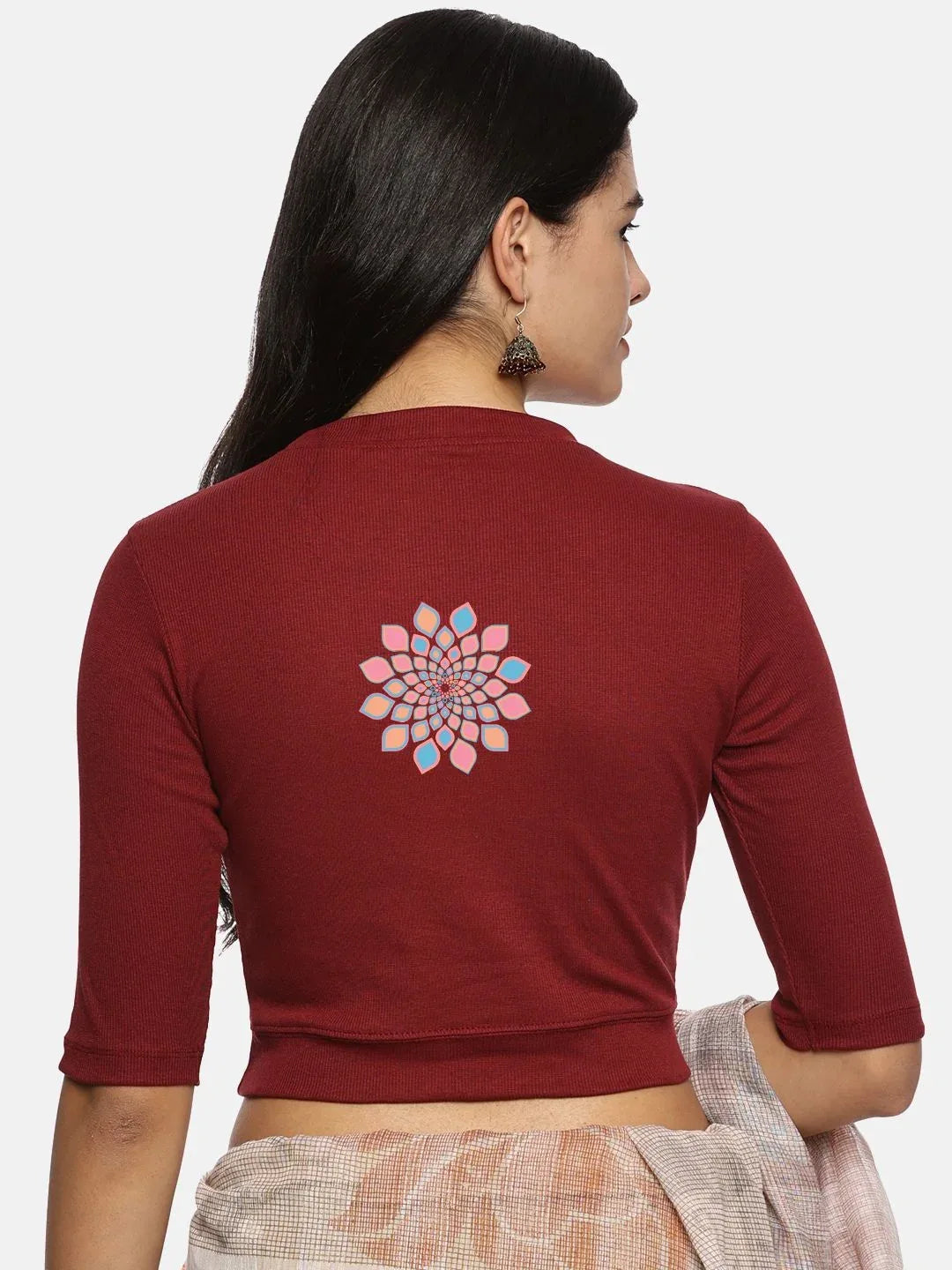 Women Back Printed Stretchable Elbow Sleeve RIB Blouse U0168 - notyetbyus