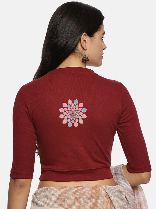 Women Back Printed Stretchable Elbow Sleeve RIB Blouse U0168 - notyetbyus