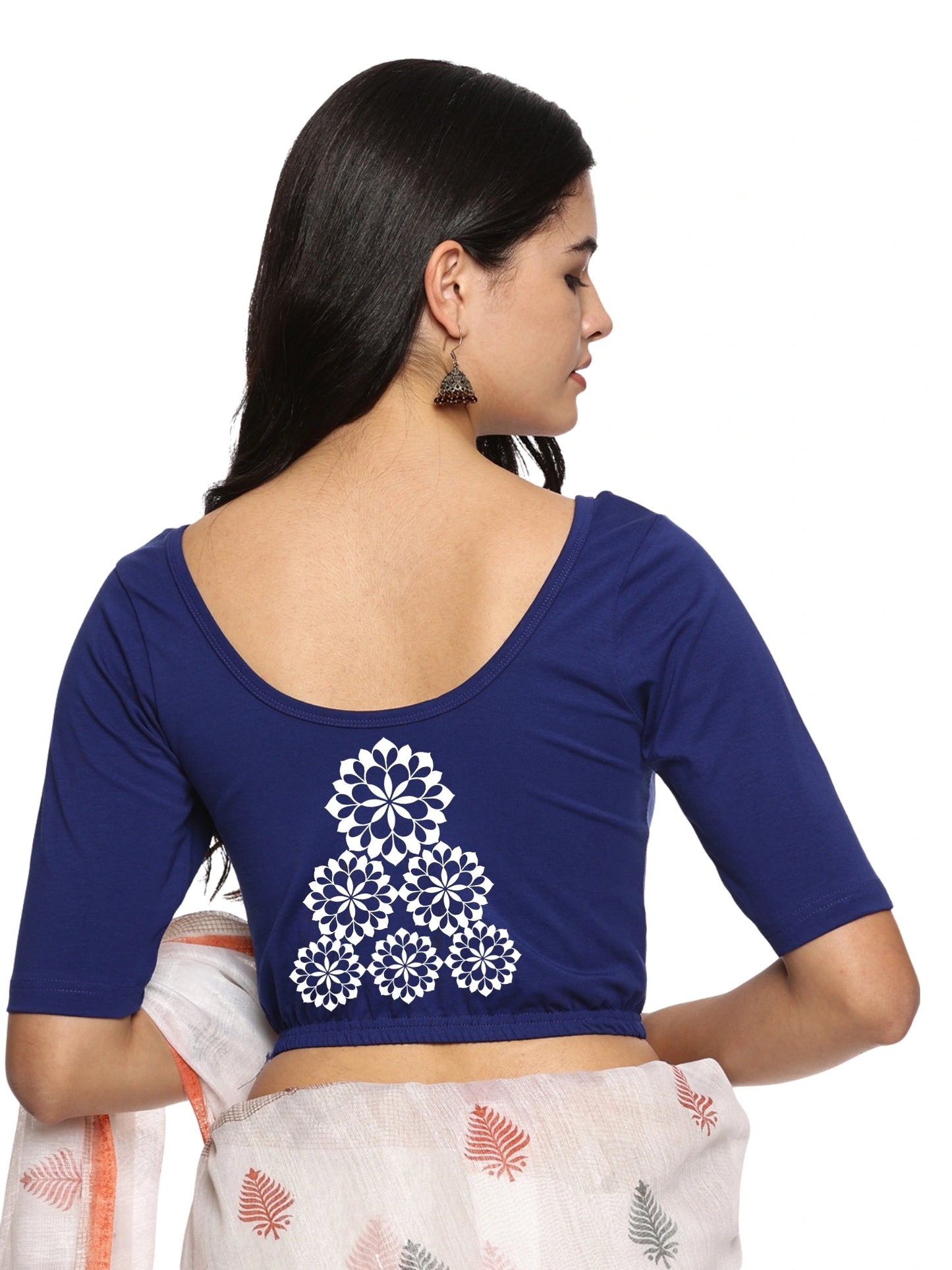 Women Back Printed Stretchable Half Sleeve Blouse U0224 Royal Blue