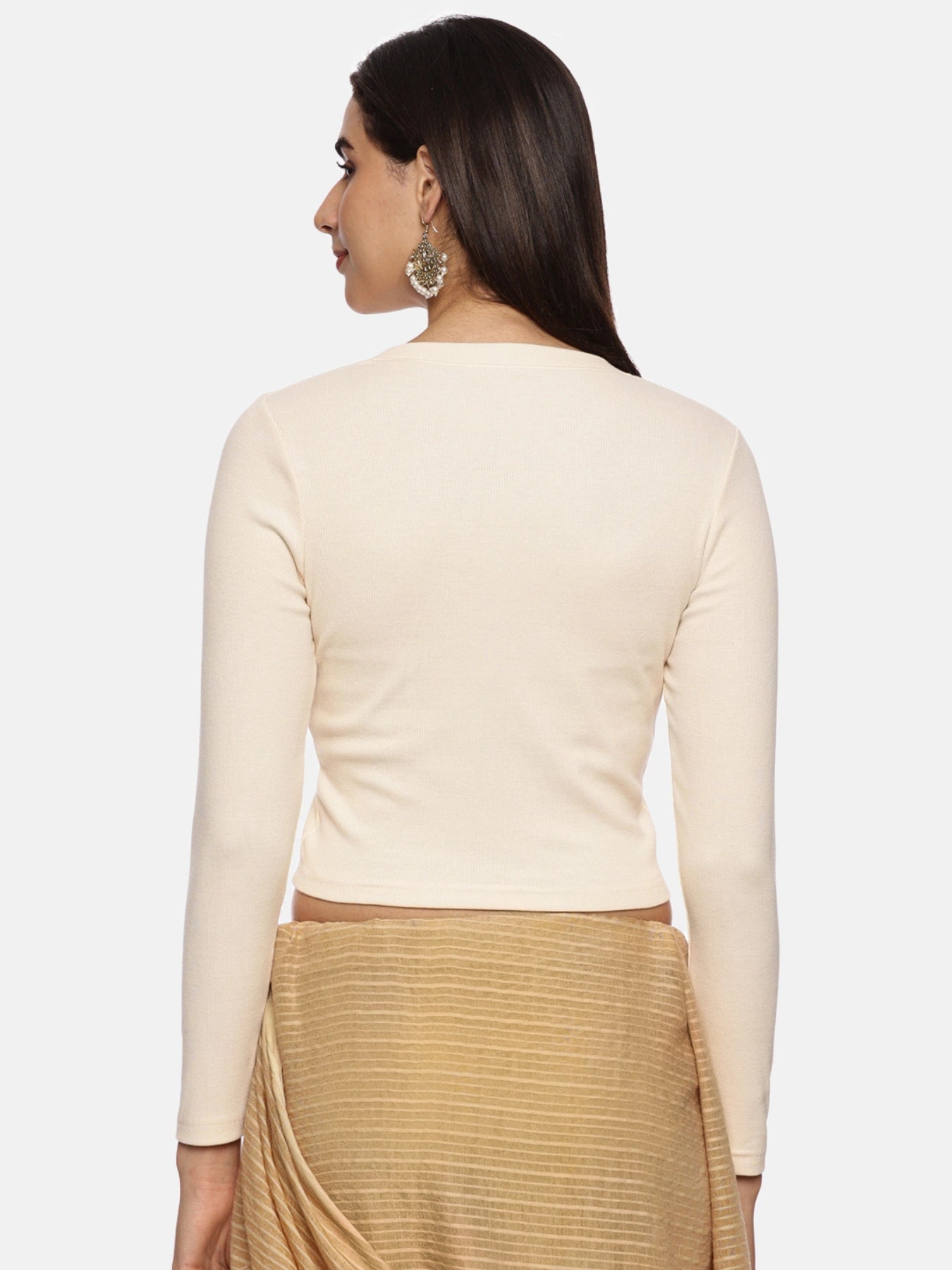 Women Plain Stretchable Full Sleeve V Neck RIB Blouse U0191 Cream