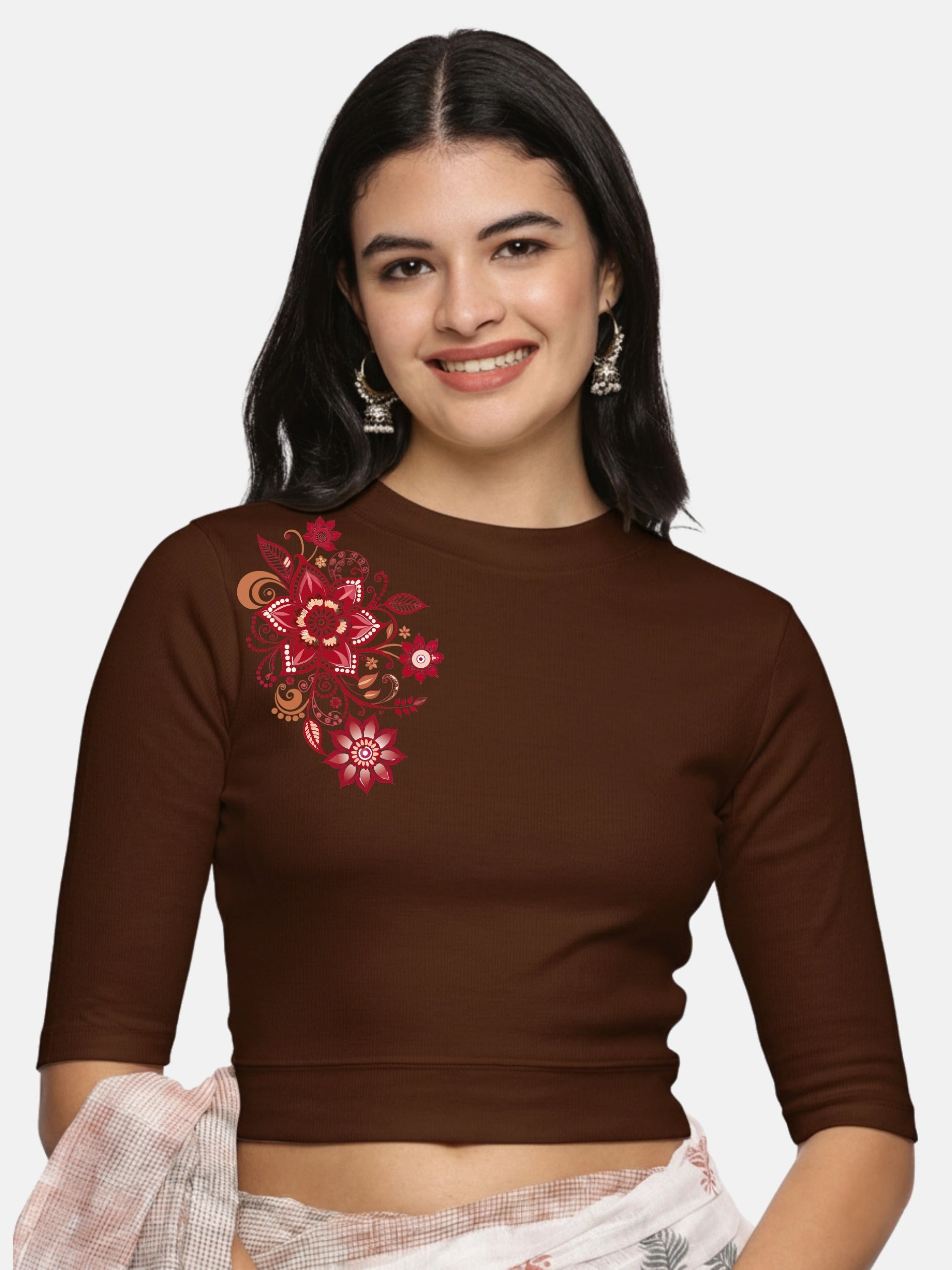 Women Back Printed Stretchable Elbow Sleeve RIB Blouse U0122 - notyetbyus