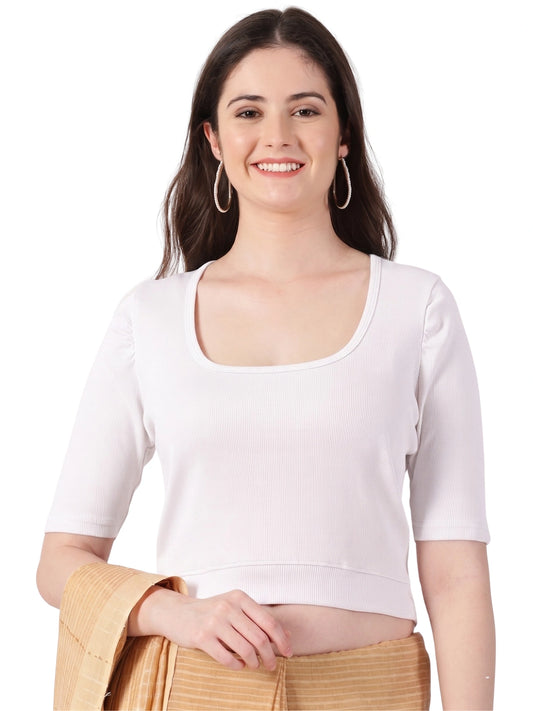 Women Plain Stretchable Rib Square Neck Puff Sleeve Blouse U0251 White