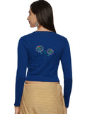 Women Back Printed Stretchable Full Sleeve V Neck RIB Blouse U0216 Royal Blue
