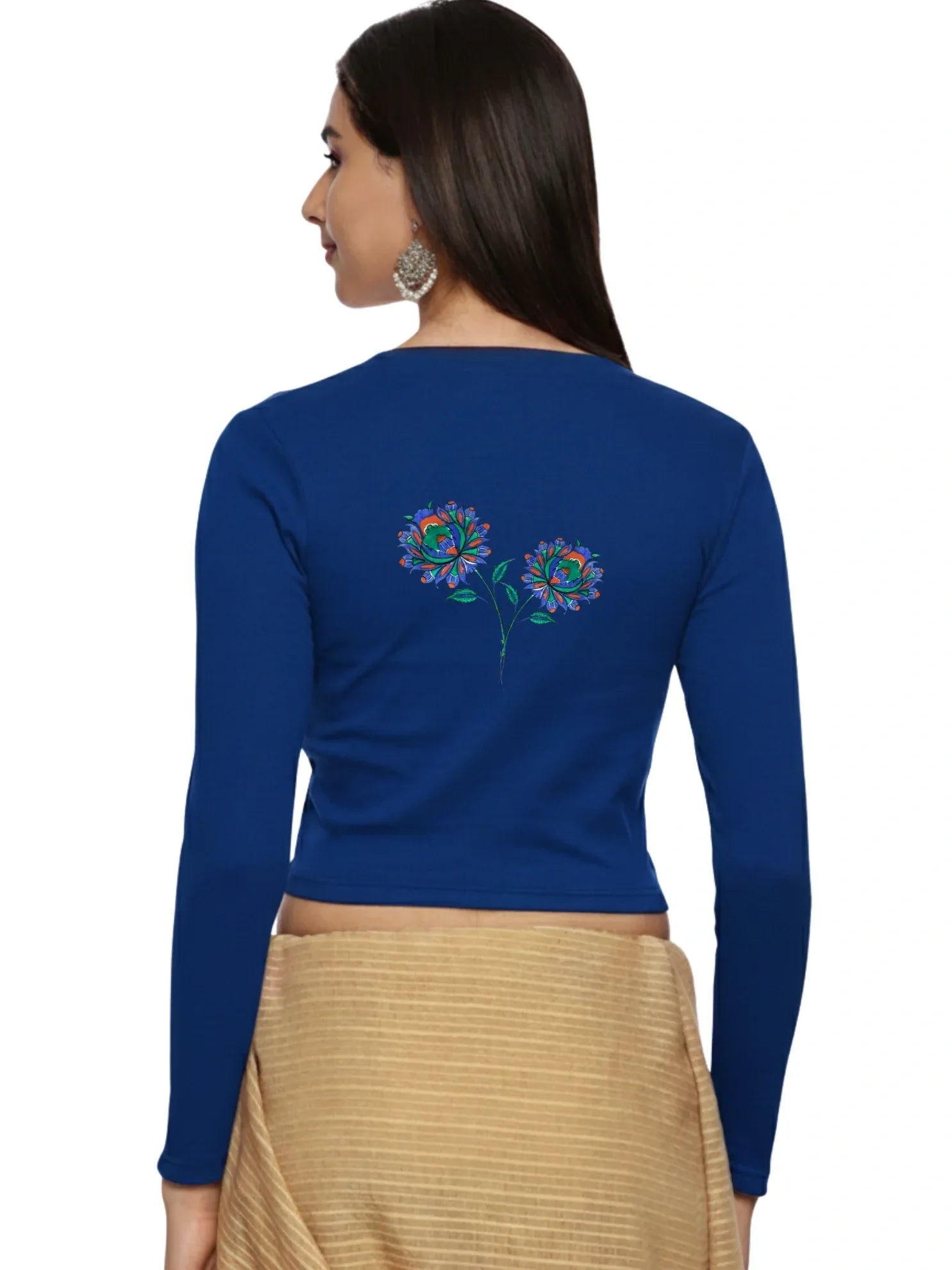 Women Back Printed Stretchable Full Sleeve V Neck RIB Blouse U0216 - notyetbyus