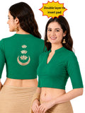 Women Mandarin Collar Back Gold Printed Stretchable Elbow Sleeve Blouse M0283 Emerald Green