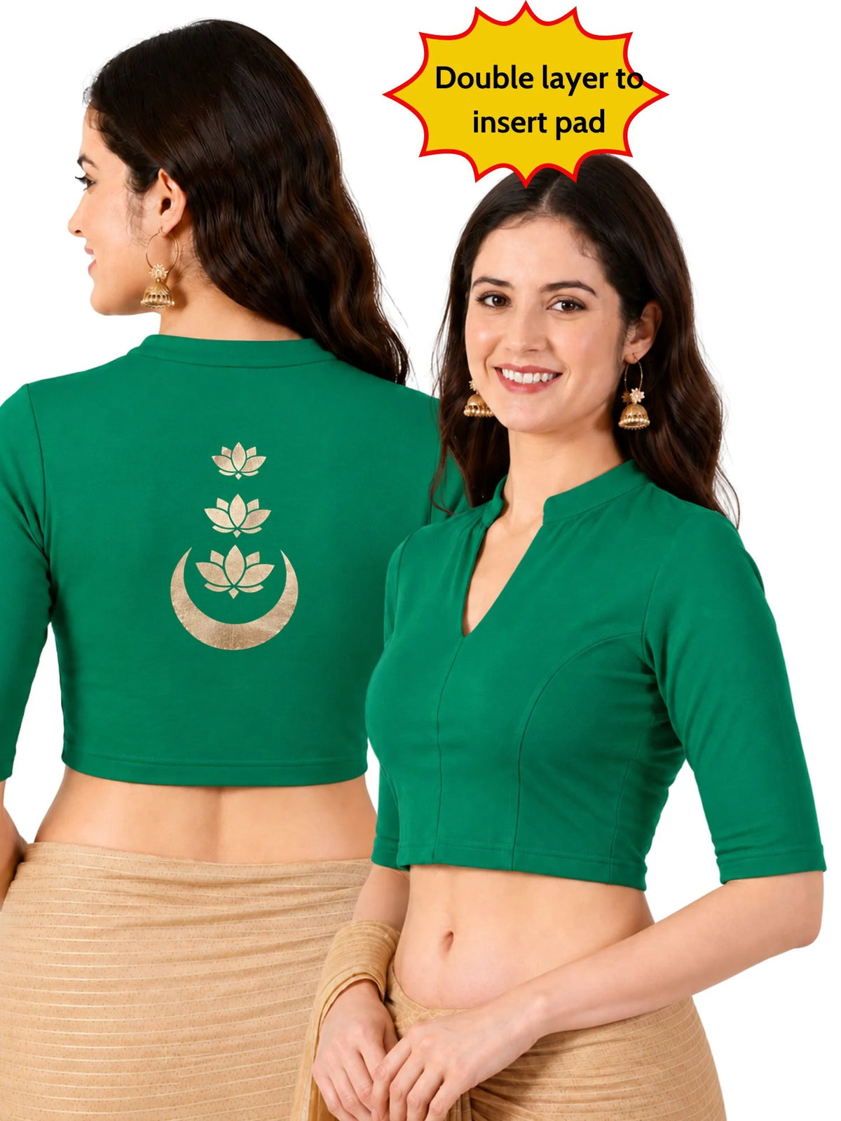 Women Mandarin Collar Back Gold Printed Stretchable Elbow Sleeve Blouse M0283 Emerald Green