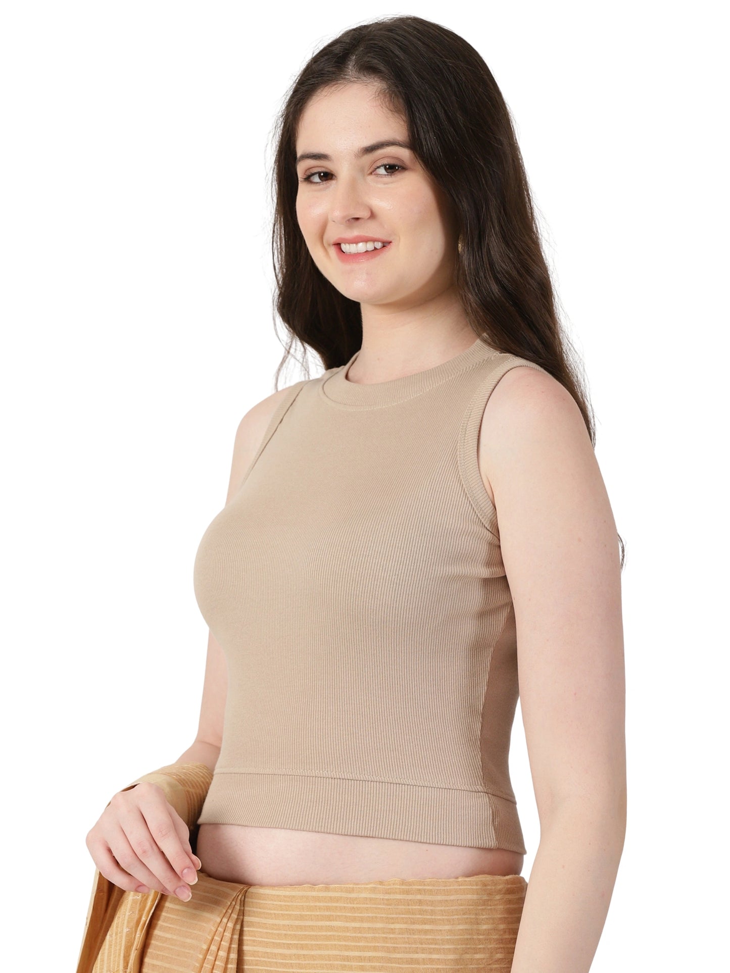 Women Plain Stretchable Sleeveless Close Neck RIB Blouse U0241 Chikoo