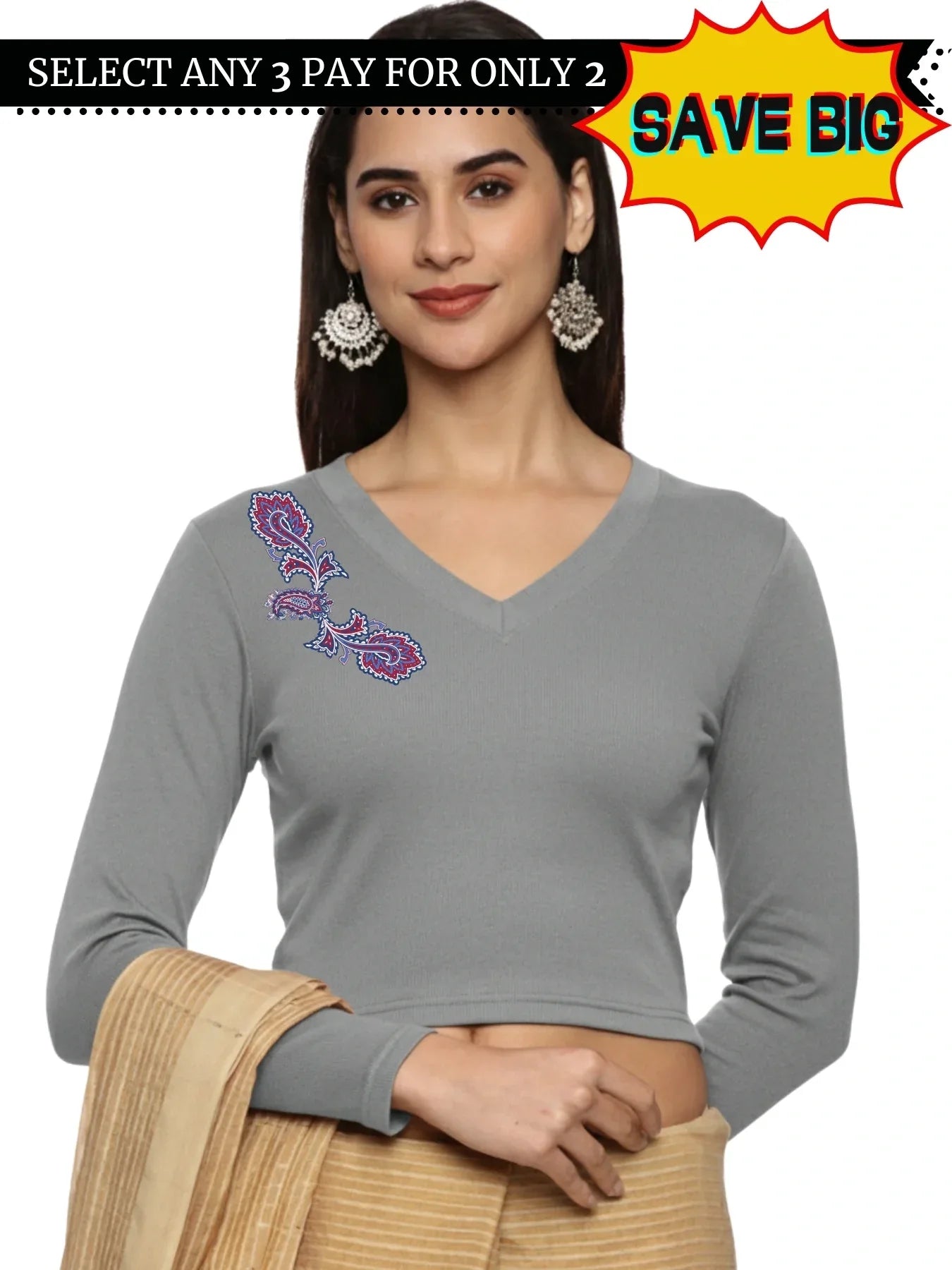 Women Back Printed Stretchable Full Sleeve V Neck RIB Blouse U0217 - notyetbyus