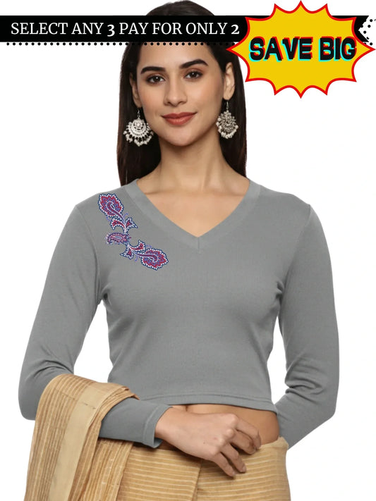 Women Back Printed Stretchable Full Sleeve V Neck RIB Blouse U0217 - notyetbyus