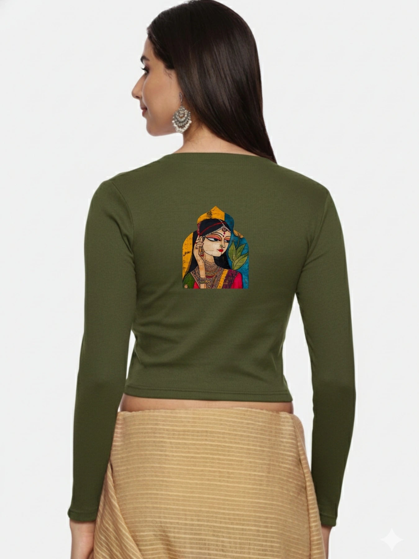 Women Back Printed Stretchable Full Sleeve V Neck RIB Blouse U0185