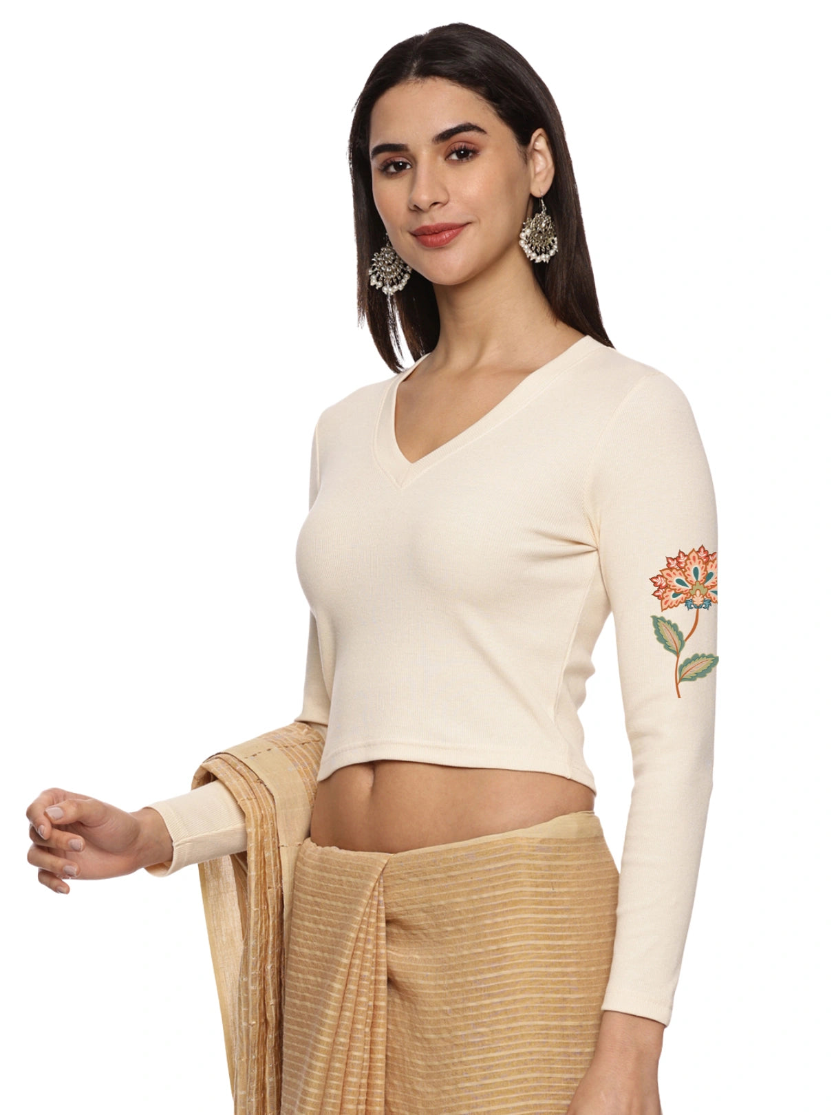 Women Back Printed Stretchable Full Sleeve V Neck RIB Blouse U0211 Cream