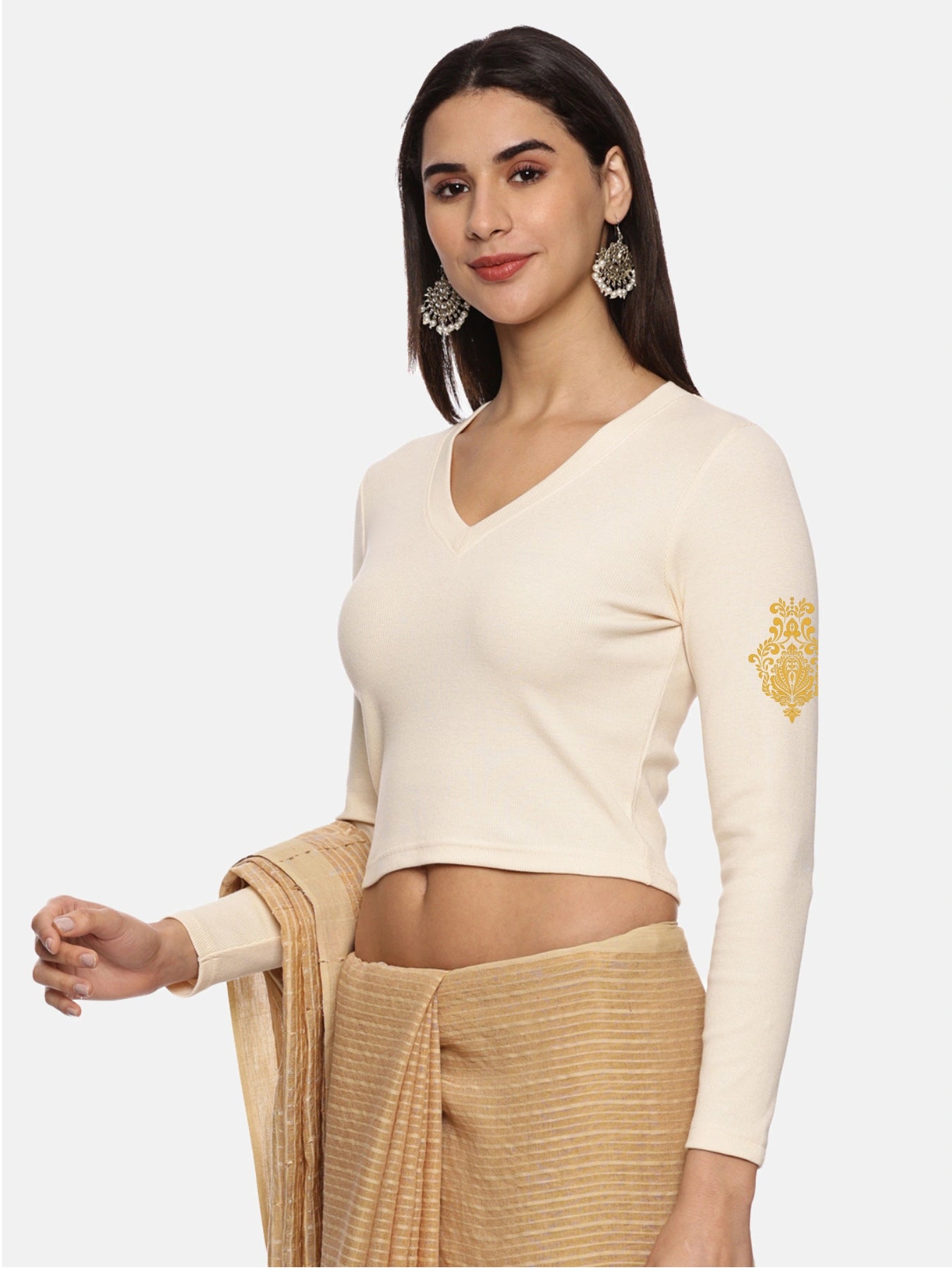 Women Back Printed Stretchable Full Sleeve V Neck RIB Blouse U0189 Cream