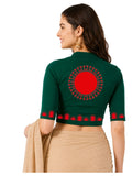 Women Mandarin Collar Back Printed Stretchable Elbow Sleeve Blouse U0274 Bottle Green