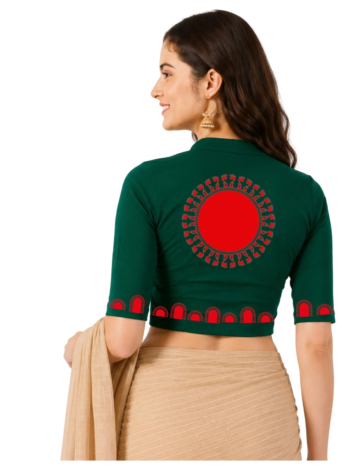 Women Mandarin Collar Back Printed Stretchable Elbow Sleeve Blouse U0274 Bottle Green