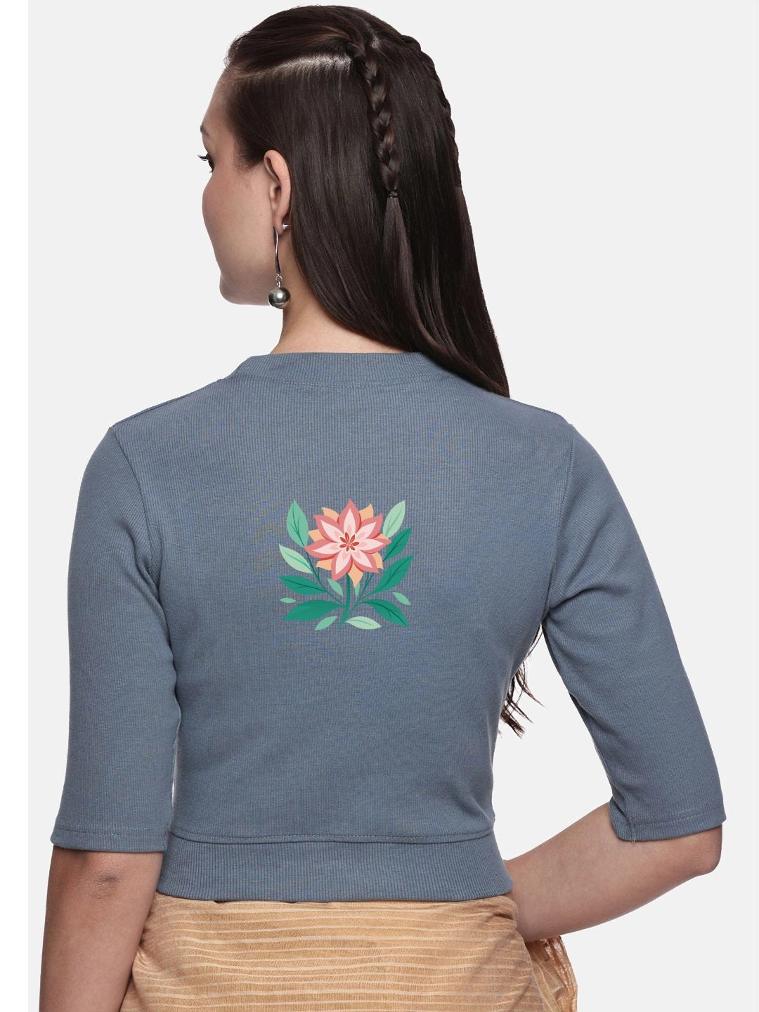 Women Back Printed Stretchable Elbow Sleeve RIB Blouse U0155