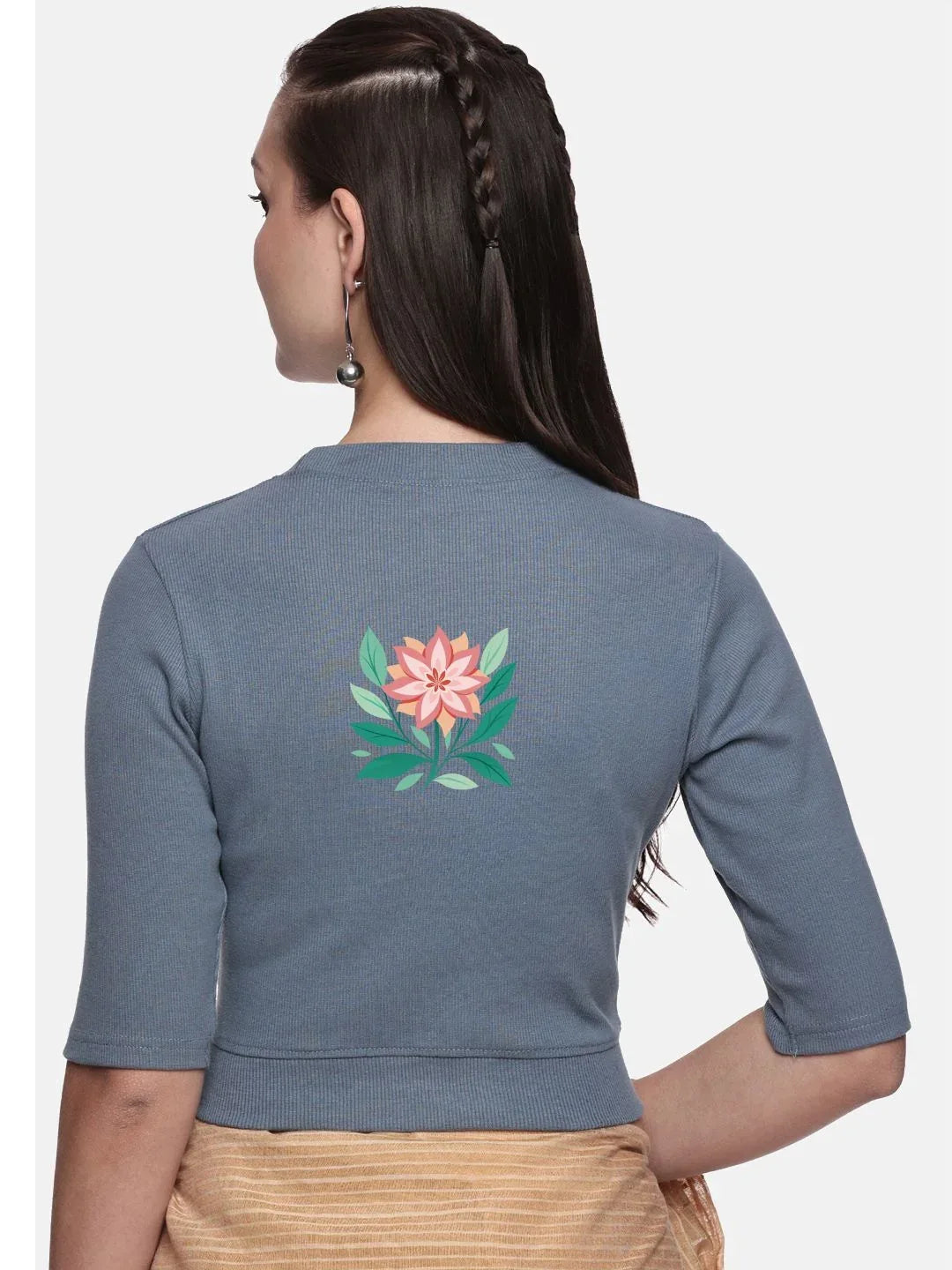 Women Back Printed Stretchable Elbow Sleeve RIB Blouse U0155 - notyetbyus