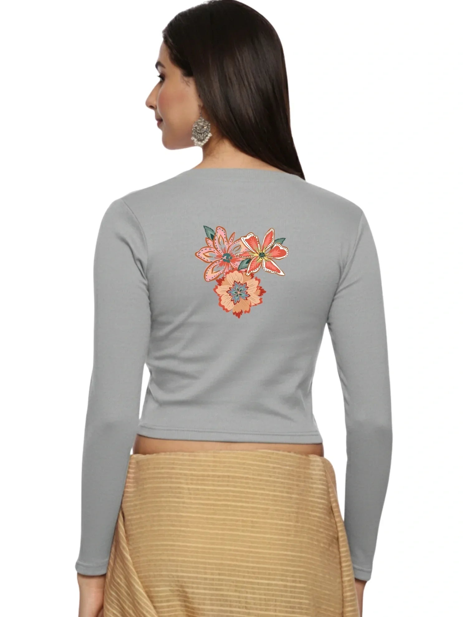 Women Back Printed Stretchable Full Sleeve V Neck RIB Blouse U0214 - notyetbyus