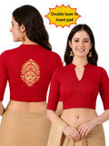 Women Mandarin Collar Back Gold Printed Stretchable Elbow Sleeve Blouse M0277 Red