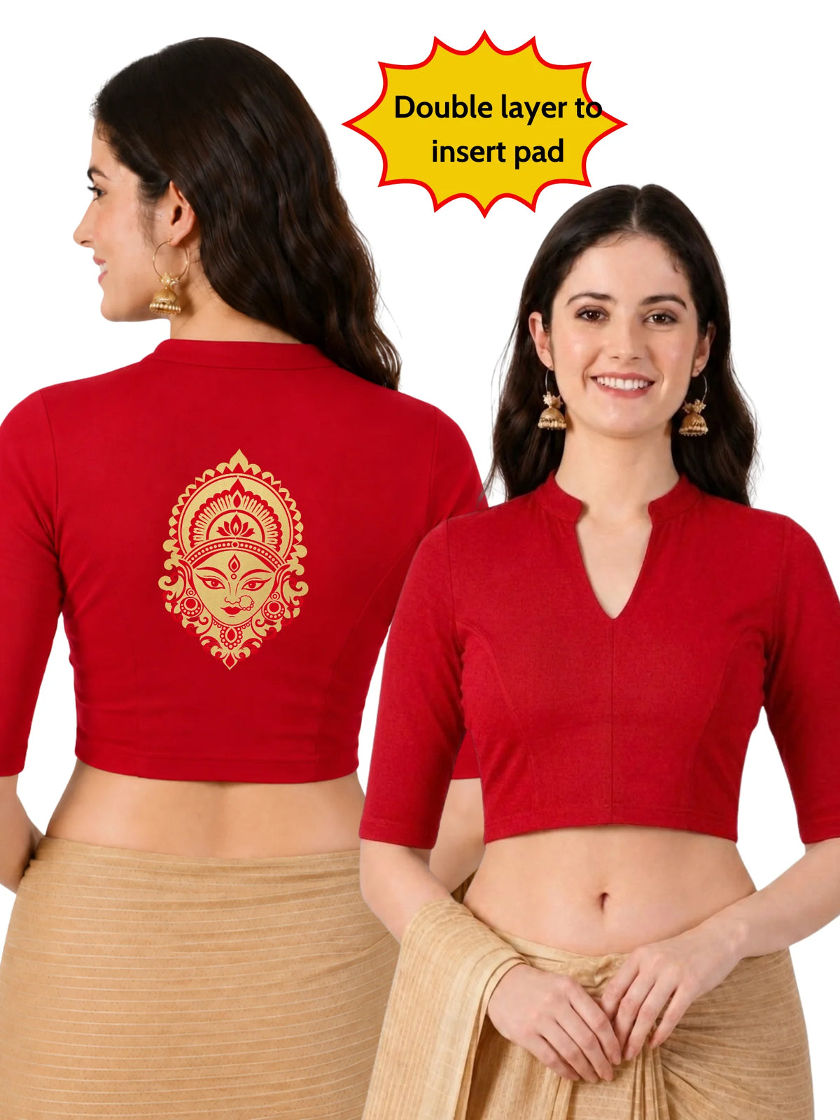 Women Mandarin Collar Back Gold Printed Stretchable Elbow Sleeve Blouse M0277 Red