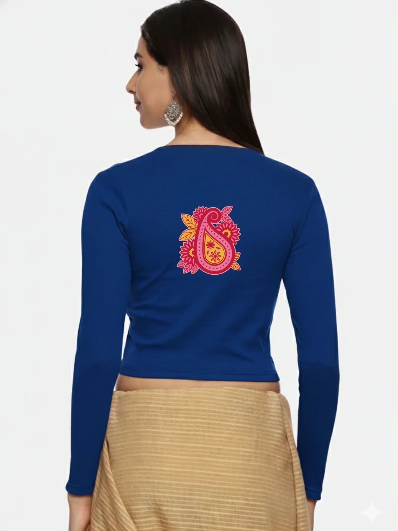 Women Back Printed Stretchable Full Sleeve V Neck RIB Blouse U0218 - notyetbyus