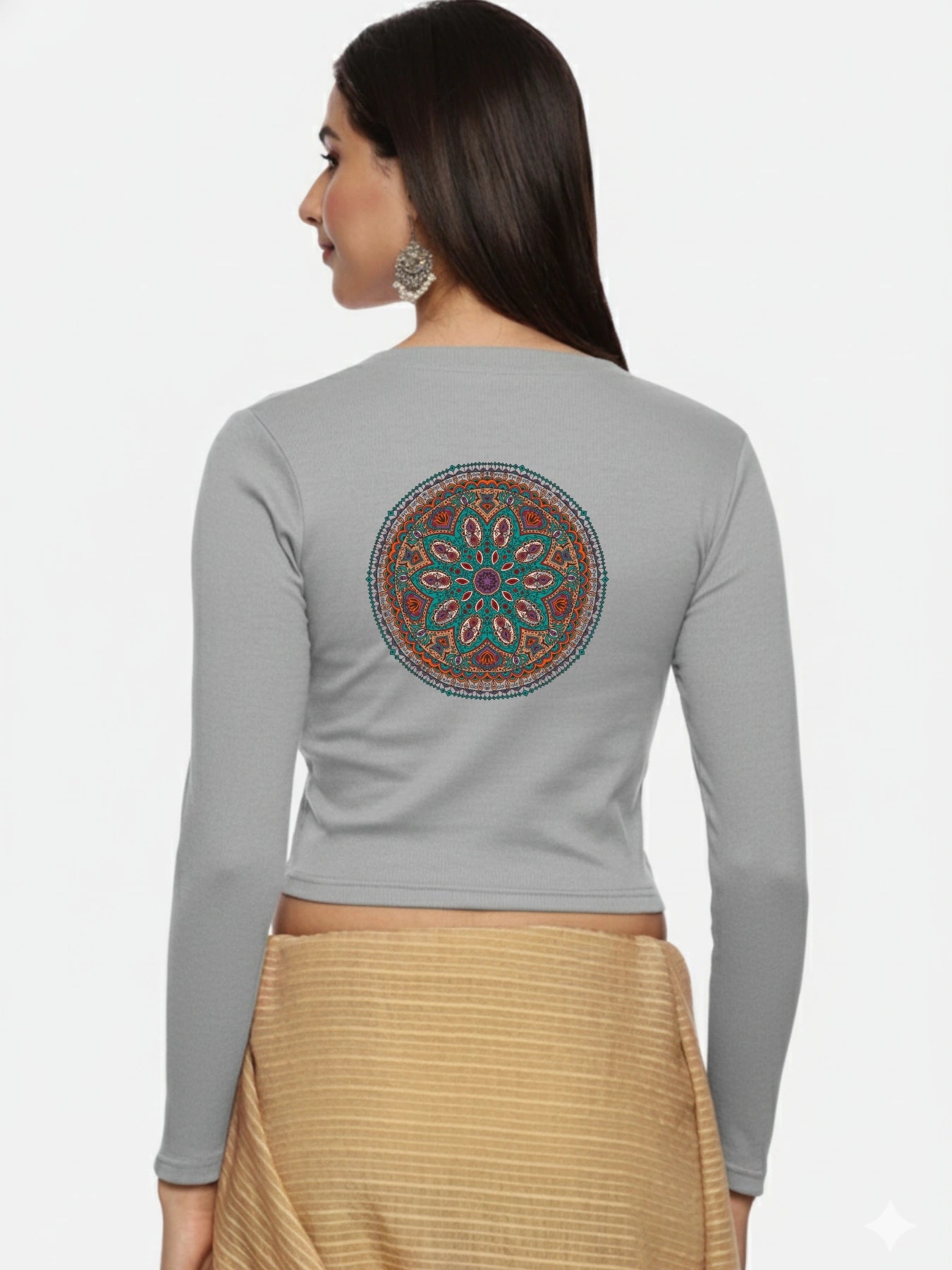 Women Back Printed Stretchable Full Sleeve V Neck RIB Blouse U0188